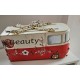 Camper Van Shaped Handbag, Red and Cream PU Leather, Chain Strap, Floral Print