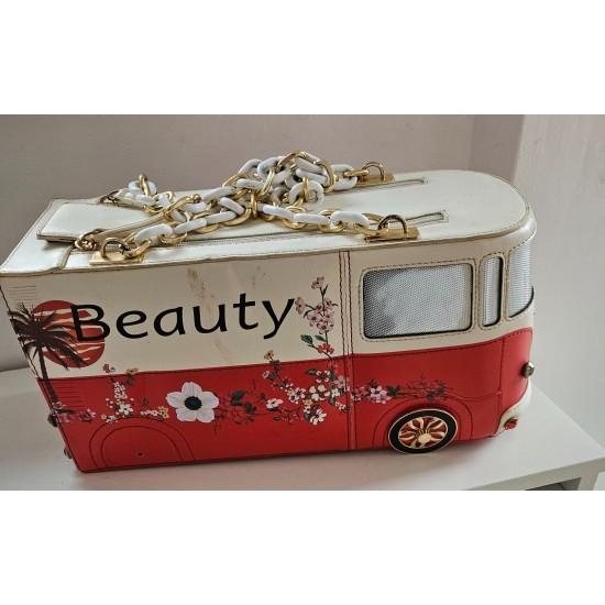 Camper Van Shaped Handbag, Red and Cream PU Leather, Chain Strap, Floral Print