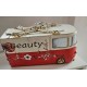 Camper Van Shaped Handbag, Red and Cream PU Leather, Chain Strap, Floral Print