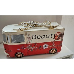 Camper Van Shaped Handbag, Red and Cream PU Leather, Chain Strap, Floral Print