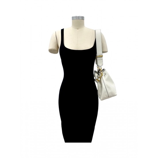 White Leather Drawstring Shoulder Bag with Wide Strap and Gold-Tone Hardware