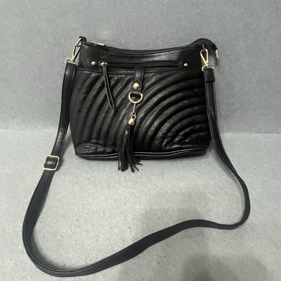 Black Quilted Faux Leather Crossbody Bag with Tassel and Zipper Pockets