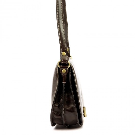 Genuine Leather Saddle Crossbody Bag, Dark Brown, Brass-Tone Turn-Lock Closure, Contrast Stitching