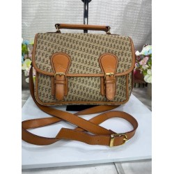 Geometric Print Crossbody Satchel Bag with Camel-Tone Trim and Top Handle