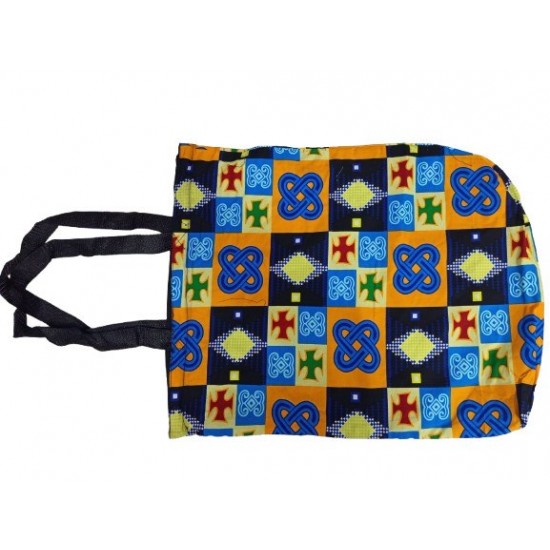 Colorful Patterned Tote Bag with Zipper and Inner Pocket, Black Handles