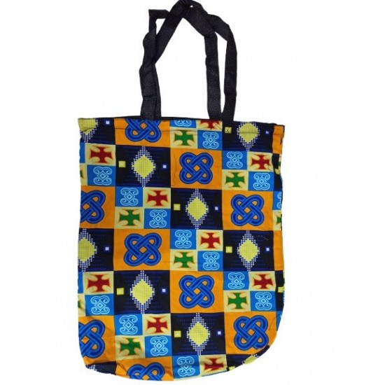 Colorful Patterned Tote Bag with Zipper and Inner Pocket, Black Handles