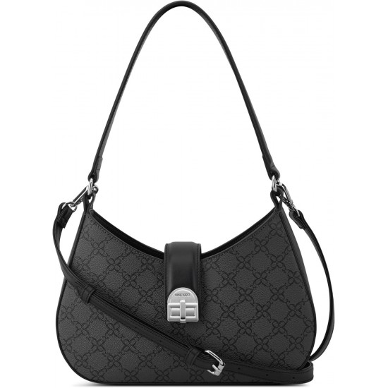 Mini Shoulder Bag, Black Patterned Faux Leather, Silver-Tone Buckle, Detachable Crossbody Strap