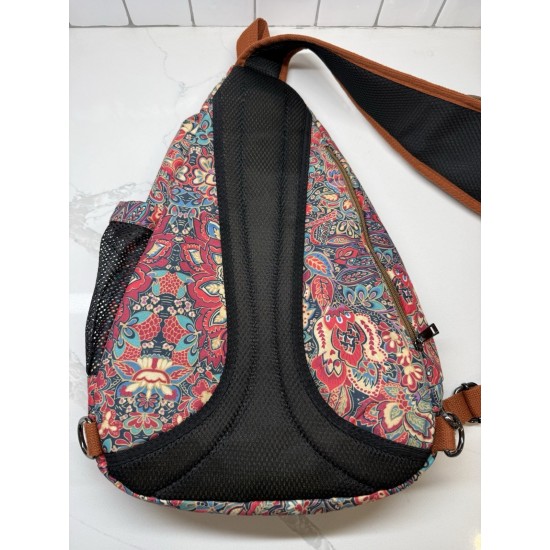 Patterned Sling Backpack, Crossbody Chest Bag with Multiple Zipper Compartments and Mesh Side Pocket
