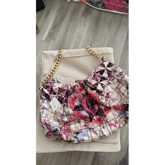 Quilted Patchwork Shoulder Bag, Multicolor Floral Print, Gold-Tone Chain Strap