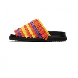 Women's Raffia Slide Sandals, Multicolor Woven Strap, Black Sole, Size 7