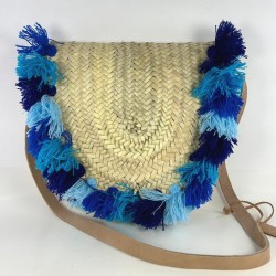 Woven Straw Crossbody Bag with Leather Strap and Blue Tassel Fringe