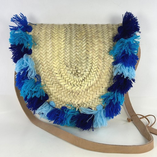 Woven Straw Crossbody Bag with Leather Strap and Blue Tassel Fringe