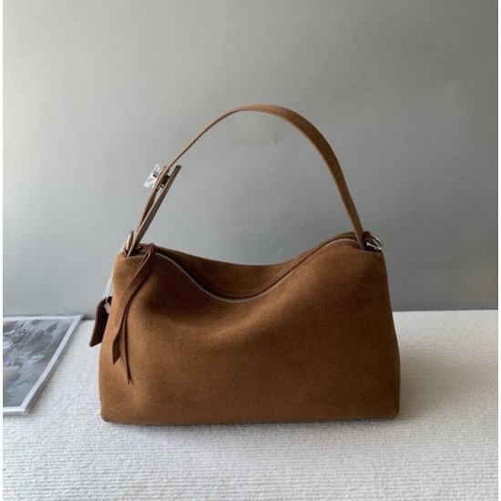 Brown Suede Baguette Shoulder Bag with Zipper and Detachable Strap