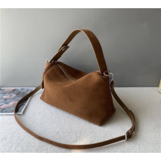 Brown Suede Baguette Shoulder Bag with Zipper and Detachable Strap