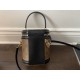 Cylindrical Canvas Handbag, Brown Print, Black Trim, Top Handle, Shoulder Strap