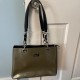 Large Olive Green Patent Tote Bag with Two Black Straps and Silver Hardware