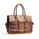 Vintage Leather Embroidered Satchel Handbag, Brown Multicolor, Top Handle, Flap Closure