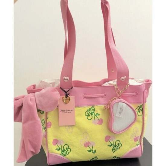 Cherry Print Tote Bag, Yellow and Pink, Shoulder Straps, Heart-Shaped Pouch