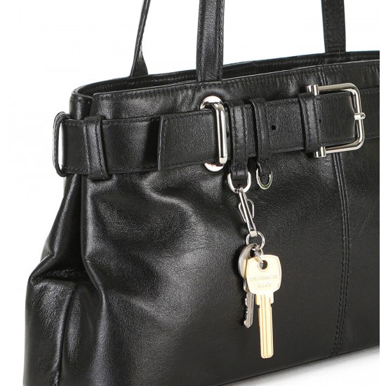 Black Leather Shoulder Tote Bag with Buckle Detail and Long Straps