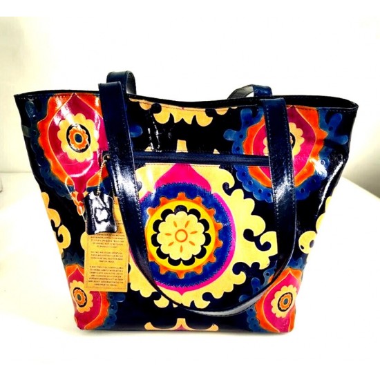 Genuine Leather Floral Print Tote Bag, Multicolor Shoulder Handbag with Zipper Pocket