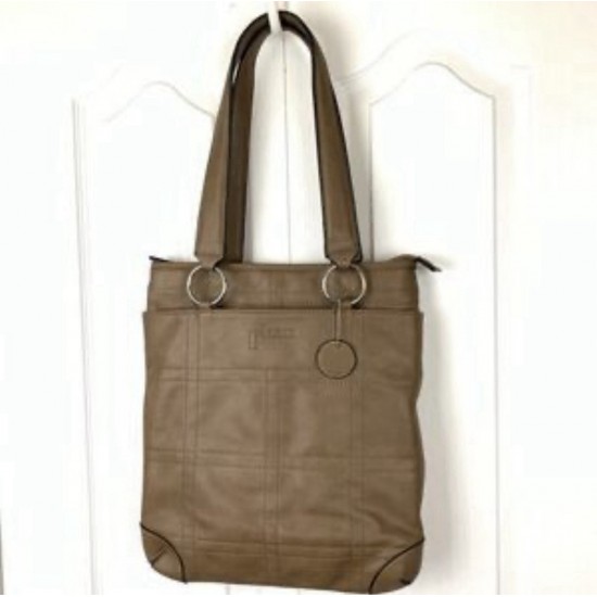 Brown Faux Leather Tote Shoulder Bag with Ring Hardware and Stitched Panel Design
