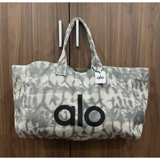 Large Gray Tie-Dye Cotton Canvas Tote Bag with Shoulder Handles
