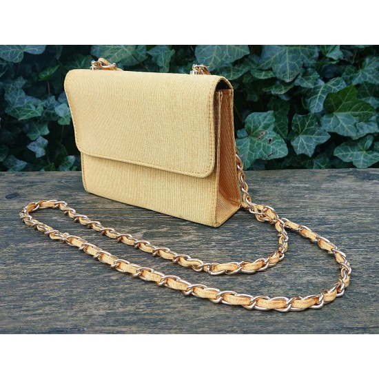 Yellow Woven Shoulder Bag with Chain Strap and Flap Closure