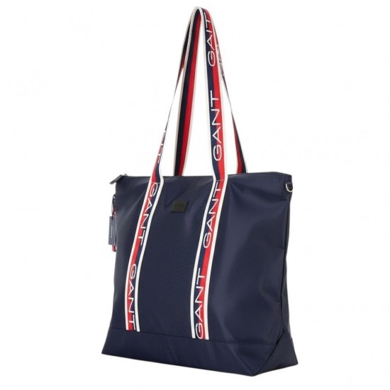 Navy Blue Zippered Tote Bag with Striped Shoulder Straps, One Size