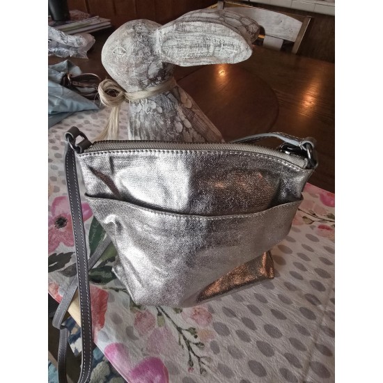 Silver Metallic Crossbody Bag, Zippered Compartments, Shoulder Strap