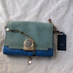 Two-Tone Blue Shoulder Bag with Geometric Gold-Tone Chain Detail