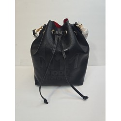 Black Faux Leather Drawstring Bucket Handbag with Two Straps and Wristlet