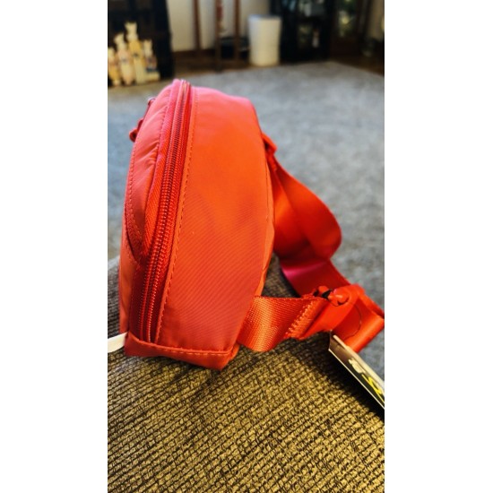 Red Zip-Top Crossbody Bag with Front Pocket and Wrist Strap