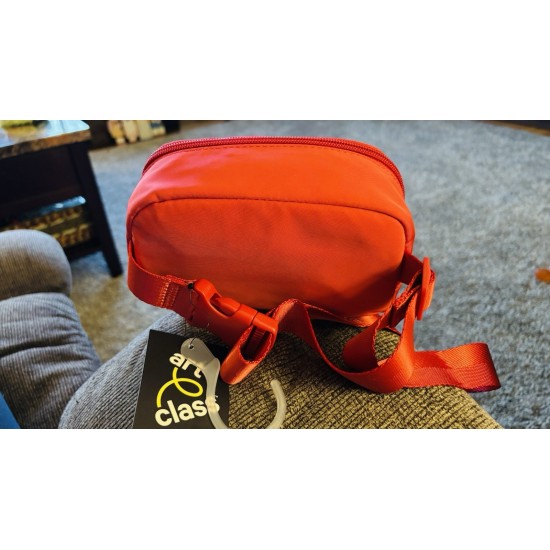 Red Zip-Top Crossbody Bag with Front Pocket and Wrist Strap