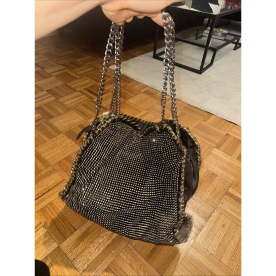 Black Studded Tote Bag with Chain Straps and Gold Tone Trim
