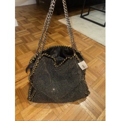 Black Studded Tote Bag with Chain Straps and Gold Tone Trim