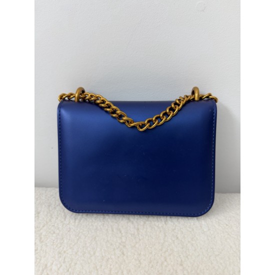 Blue Faux Leather Flap Crossbody Bag with Gold Tone Chain Strap and Clasp