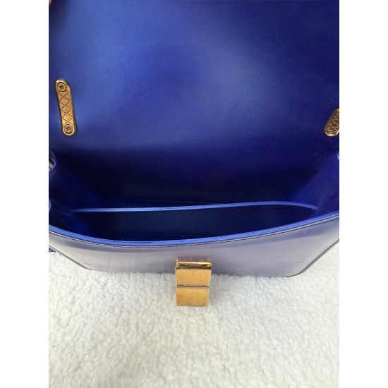 Blue Faux Leather Flap Crossbody Bag with Gold Tone Chain Strap and Clasp