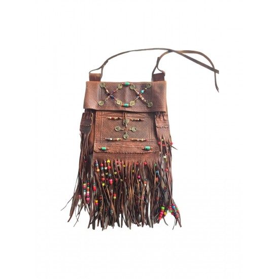 Leather Fringe Crossbody Bag with Colorful Beaded Accents, Brown