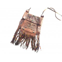 Leather Fringe Crossbody Bag with Colorful Beaded Accents, Brown