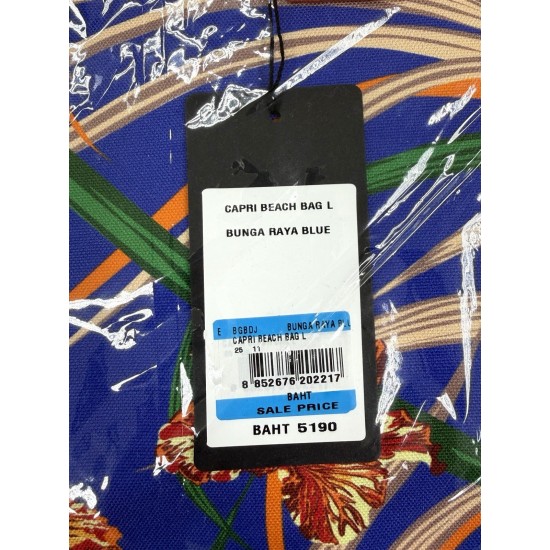 Large Floral Cotton Beach Tote Bag, Blue Print, Orange Handles