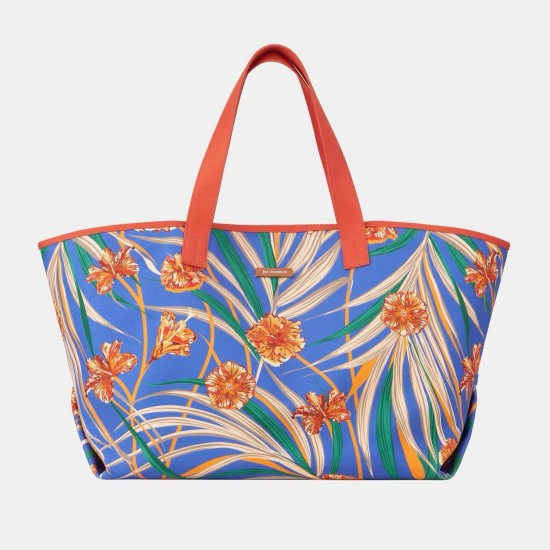 Large Floral Cotton Beach Tote Bag, Blue Print, Orange Handles
