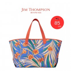 Large Floral Cotton Beach Tote Bag, Blue Print, Orange Handles