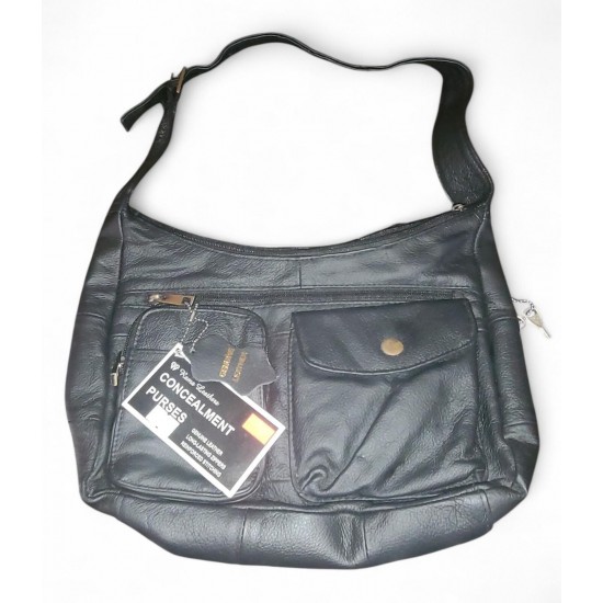 Genuine Leather Crossbody Handbag, Black, Zip Closure, Concealed Carry Pocket
