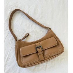 Mini Brown Baguette Shoulder Bag with Buckle Flap and Front Pocket