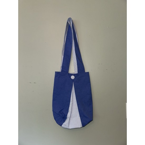 Handmade Blue Cotton Tote Bag with Gingham Panel and Button Closure