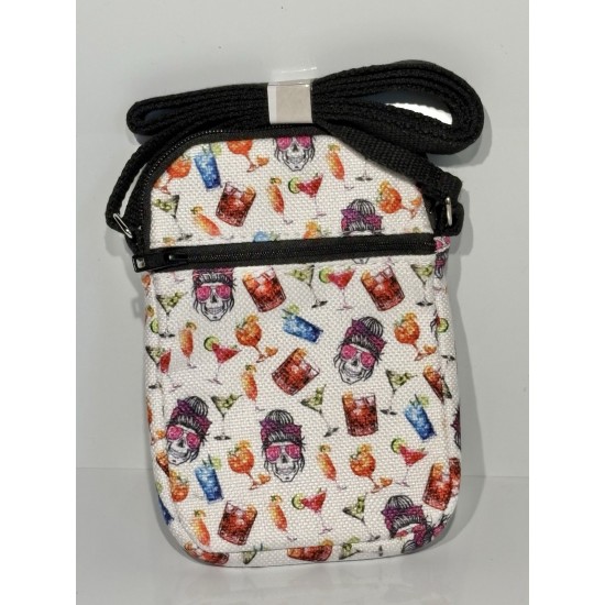 Canvas Crossbody Bag, Colorful Cocktail and Skull Print, Black Strap, Zipper Closure