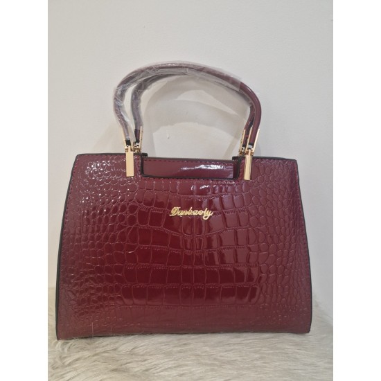 Burgundy Crocodile Embossed Faux Leather Handbag with Top Handles and Gold Tone Hardware