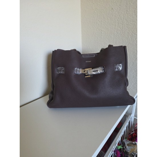 Leather Shoulder Tote Bag, Cacao Brown, Textured Finish, Belt Detail