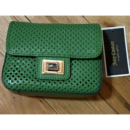 Perforated Leather Mini Crossbody Clutch Bag, Green, Gold-Tone Hardware