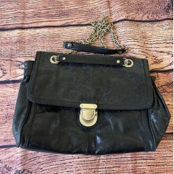 Black Goat Leather Shoulder Bag with Chain Strap and Gold-Tone Hardware